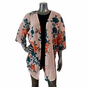 Sheer Pink Floral Open Front Kimono - Medium